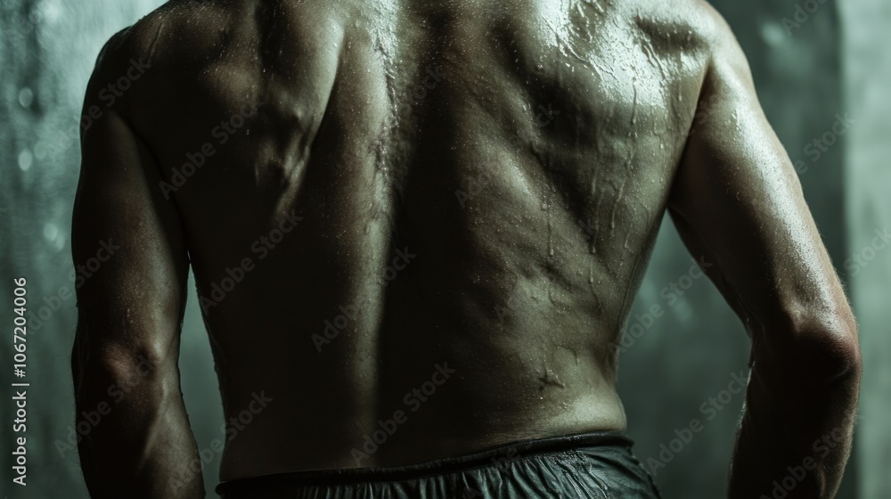 Close-up view of a man experiencing intense lower back pain; capturing agony and tension with focus on strained muscles and nerves