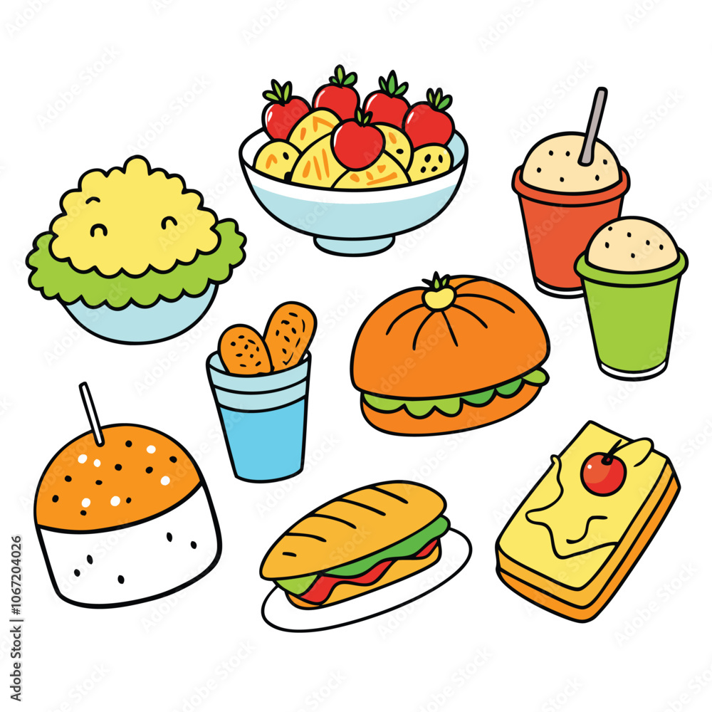 Hand drawn lunch food vector art collection on white background for healthy food project Hand drawn lunch food vector art collection on white background for healthy food project