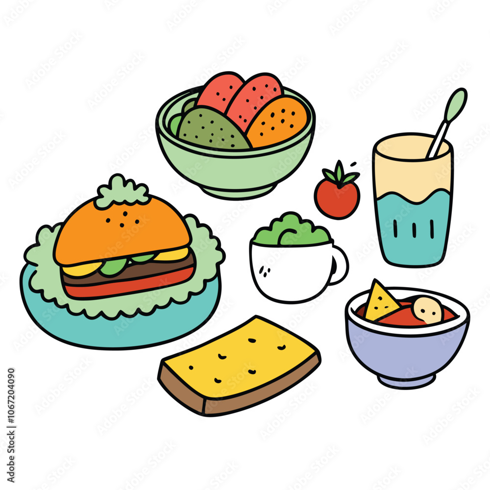 Hand drawn lunch food vector art collection on white background for healthy food project Hand drawn lunch food vector art collection on white background for healthy food project