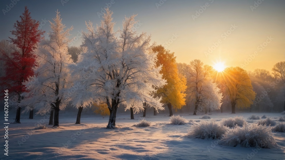 Frost-covered trees bask in the warm light of sunrise on a chilly winter morning Frost-covered trees bask in the warm light of sunrise on a chilly winter morning