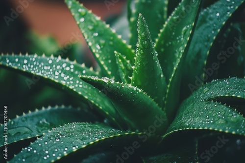 Recently harvested aloe vera foliage embellished with moisture beads