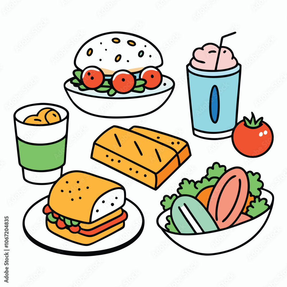 Hand drawn lunch food vector art collection on white background for healthy food project Hand drawn lunch food vector art collection on white background for healthy food project