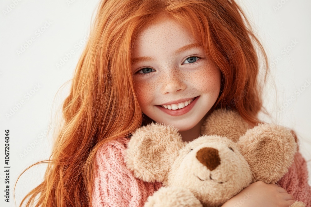 Beautiful Young Girl with Red Hair Holding Teddy Bear Against White Background Beautiful Young Girl with Red Hair Holding Teddy Bear Against White Background