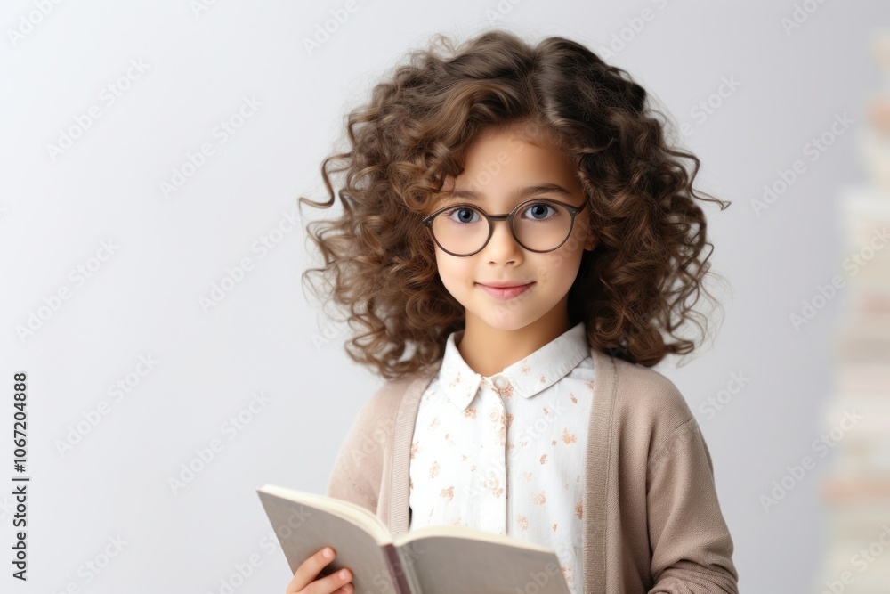Little girl wearing eyeglasses reading publication child book. Little girl wearing eyeglasses reading publication child book.
