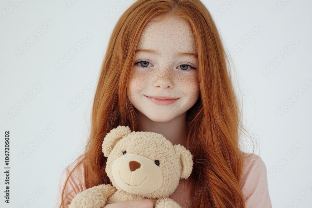 Beautiful Young Girl with Red Hair Holding Teddy Bear Against White Background Beautiful Young Girl with Red Hair Holding Teddy Bear Against White Background