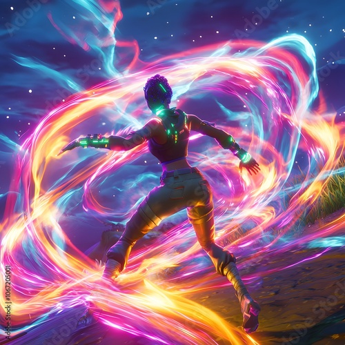 Player in Action with Swirling Light and Color Trails