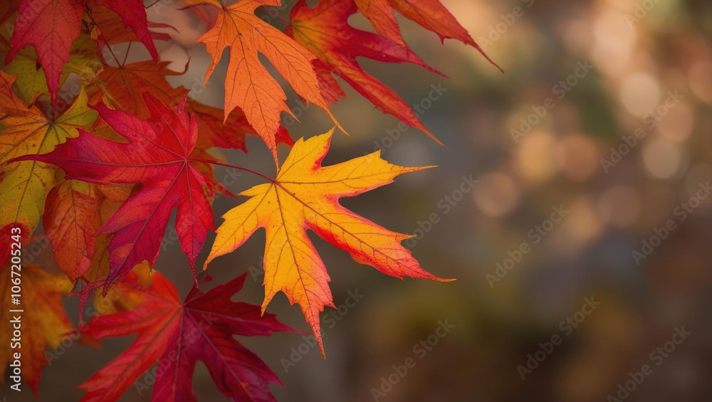 Colorful autumn leaves in vibrant shades of red and yellow create warm atmosphere Colorful autumn leaves in vibrant shades of red and yellow create warm atmosphere