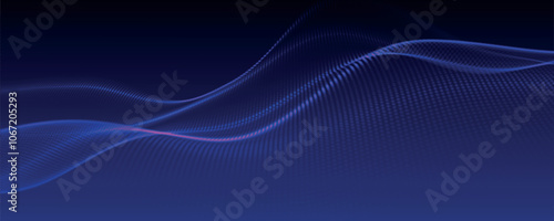 Futuristic dot wave. Abstract digital particle wave. Technology background. Colored musical wave. Dark background. Digital background with smooth, wavy curves. 3D vector illustration