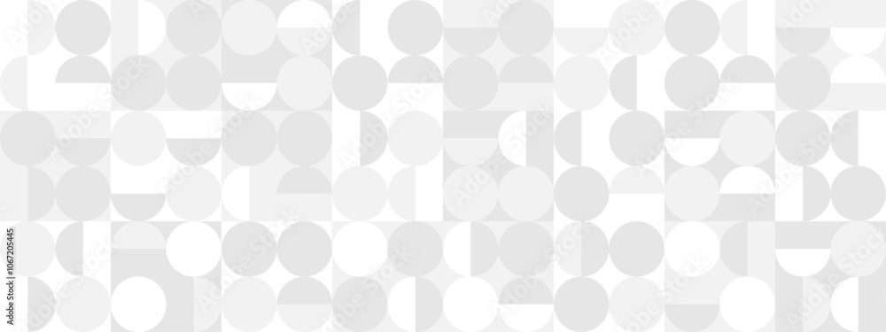 White trendy seamless background of circles and squares in modern style, flat vector illustration. Cover of gray geometric shapes in retro texture for web design or postcard. White trendy seamless background of circles and squares in modern style, flat vector illustration. Cover of gray geometric shapes in retro texture for web design or postcard.