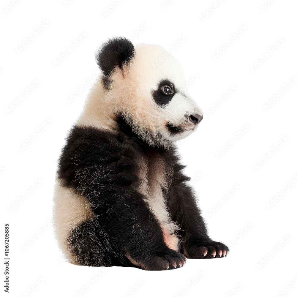 Fototapeta premium Adorable baby panda sitting, white isolated background
