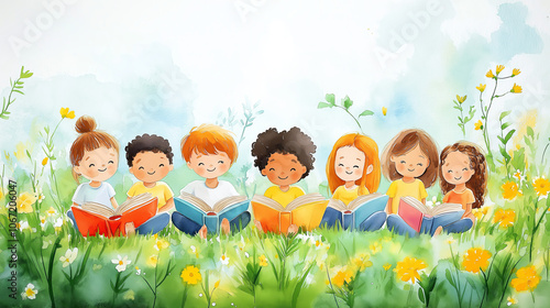 International Day of Education, diverse group of happy children reading books together in a meadow, outdoor learning in nature, cheerful kids enjoying education, knowledge, and friendship