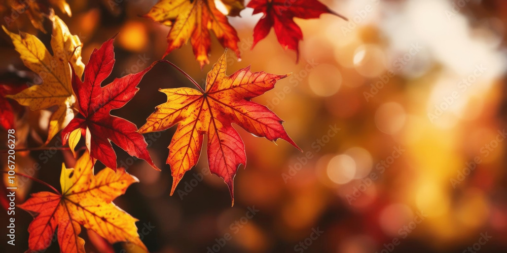 Colorful autumn leaves in vibrant hues against blurred background Colorful autumn leaves in vibrant hues against blurred background