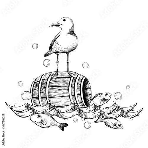 A sea gull swims through the waves with fish and bubbles on a wooden barrel. Graphic linear drawing, hand drawn in black and white monochrome. nautical. Composition