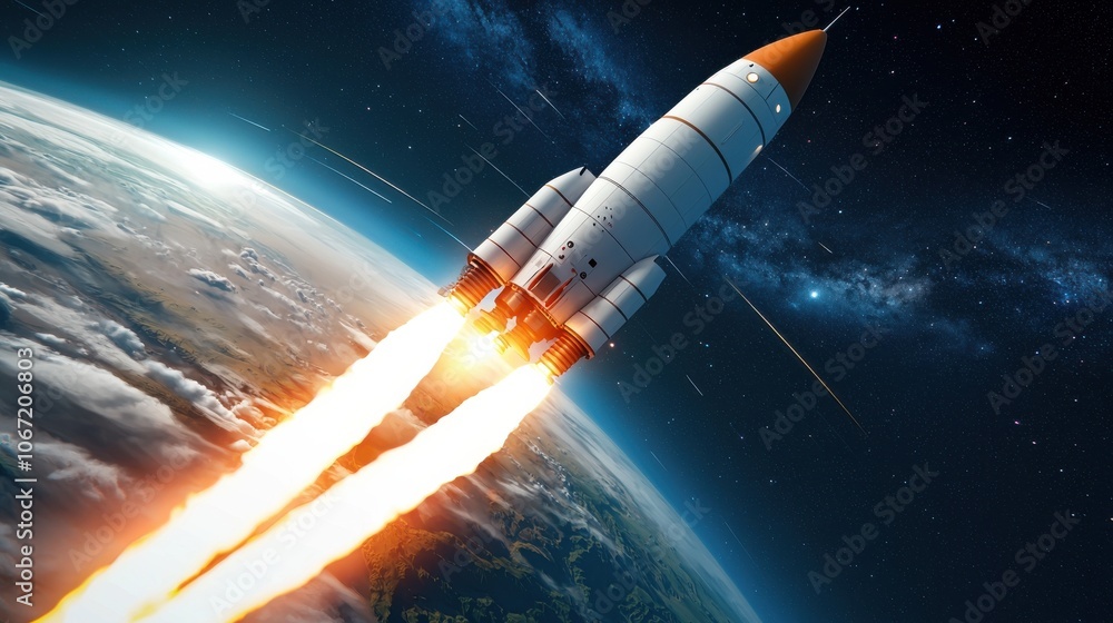 Fototapeta premium Rocket Launch Towards a Ringed Planet in Space