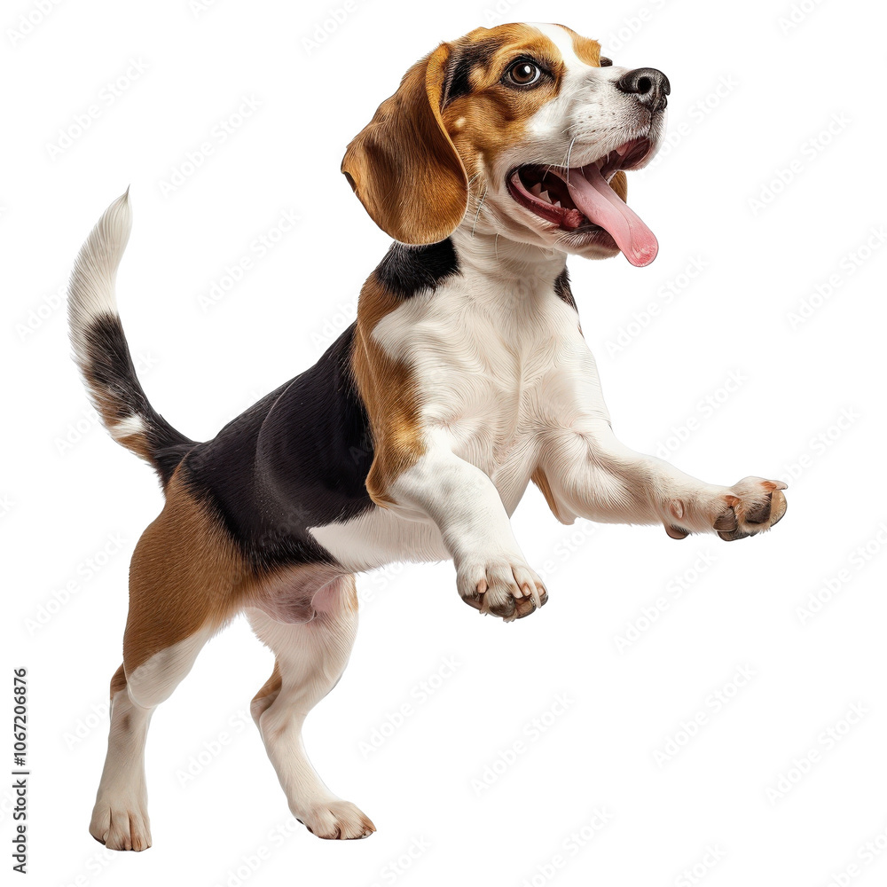 Beagle dog jumping joyfully on a white isolated background Beagle dog jumping joyfully on a white isolated background