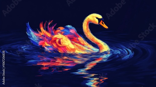 A vibrant, colorful swan with a long neck and outstretched wings, gracefully gliding on a dark blue water surface with ripples. photo