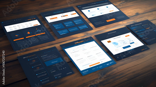 Modern website design mockup with blue and orange accents on wooden desk.