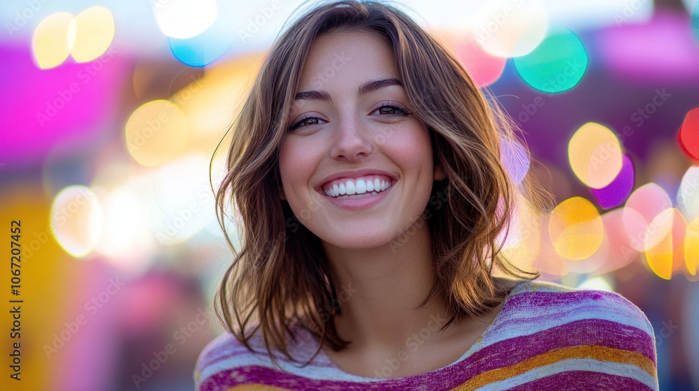 Cute smiling woman in soft pastel purple environment, vibrant striped shirt, joyful and full of life Cute smiling woman in soft pastel purple environment, vibrant striped shirt, joyful and full of life