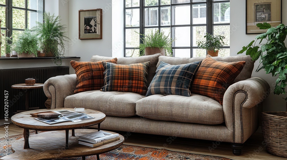 A beige sofa with patterned pillows and a coffee table sits in front of a large window in a modern living room. A beige sofa with patterned pillows and a coffee table sits in front of a large window in a modern living room.