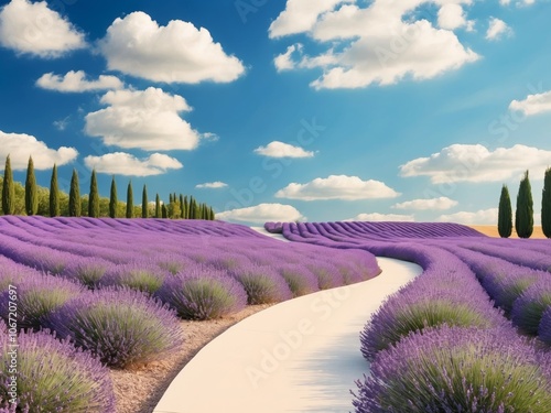 A peaceful lavender field under a blue sky with clouds takes visitors along a winding path during a sunny day.