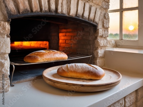 Freshly baked bread cooling in a rustic oven at dawn. photo