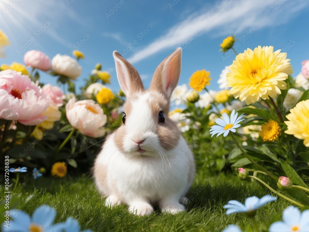 Cute cheerful rabbit in a blooming garden. Cute cheerful rabbit in a blooming garden.
