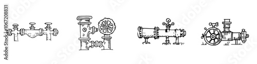 Modern hand drawn pipe and valve illustration