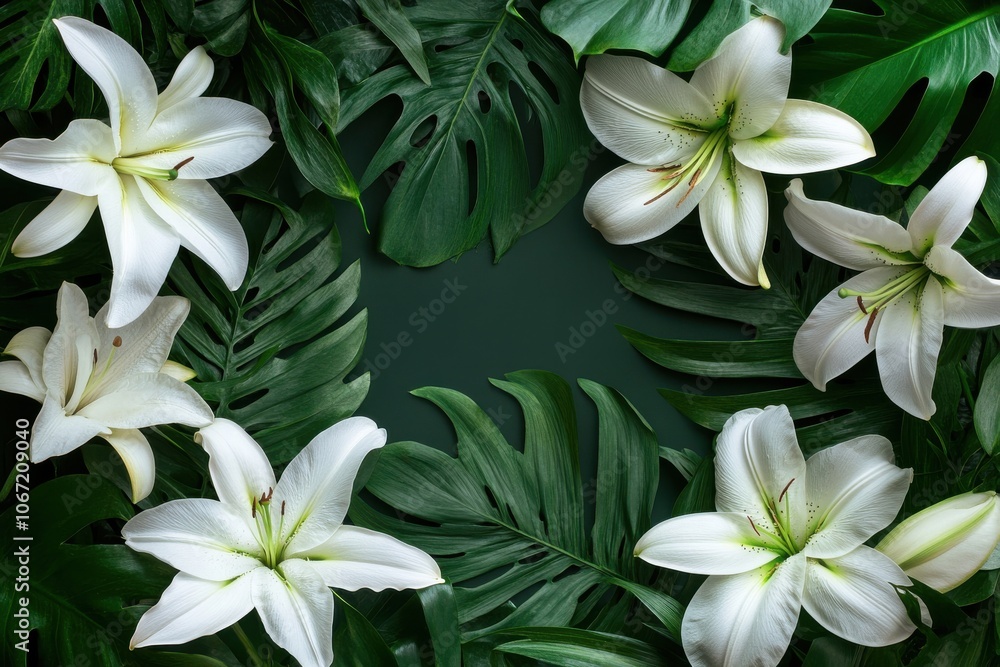Obraz premium Elegant floral border showcasing white and beige lilies surrounded by abundant green leaves, silhouette art