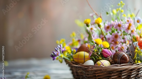 Colorful Floral Arrangement with Easter Eggs in Wicker Basket