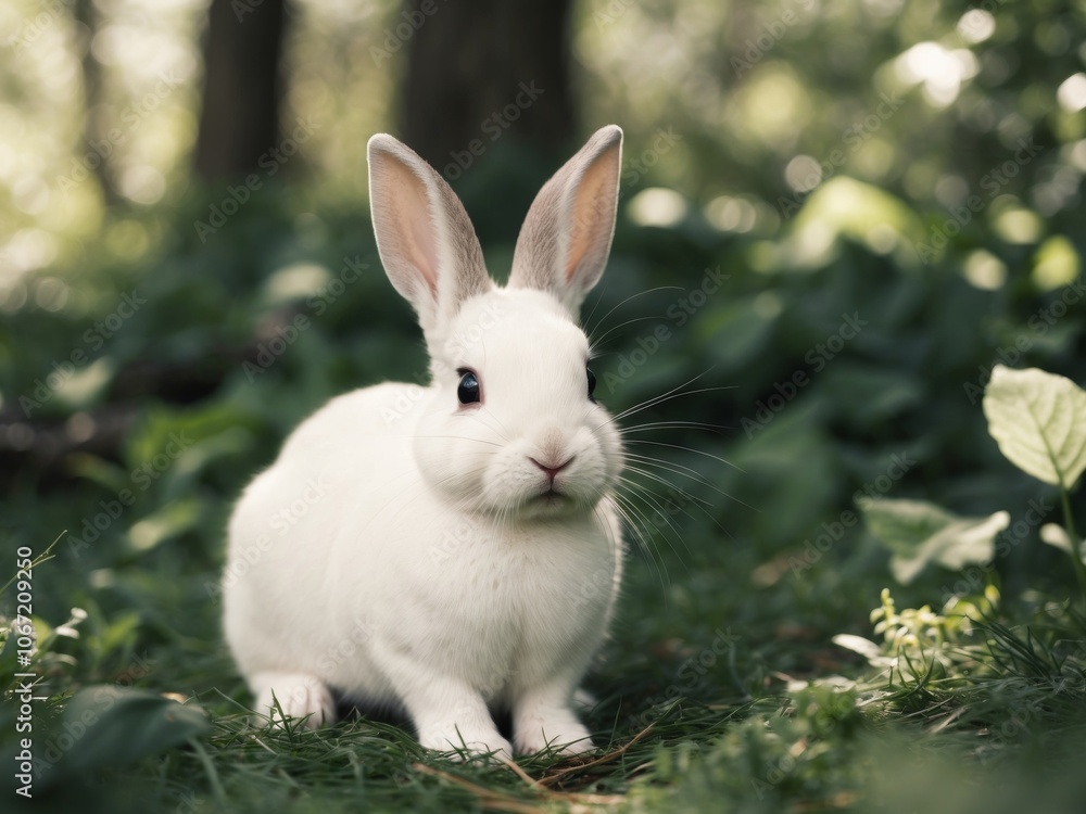 A cute little rabbit is sitting on the ground in a forest. A cute little rabbit is sitting on the ground in a forest.