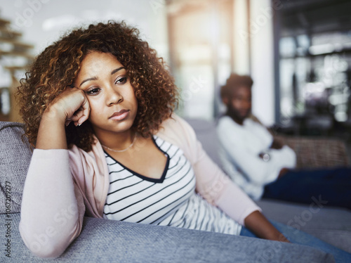 Frustrated couple, argument or ignore with fight for disagreement or living room dispute at home. Upset, woman and man with breakup, divorce or seperation for toxic relationship or cheating affair