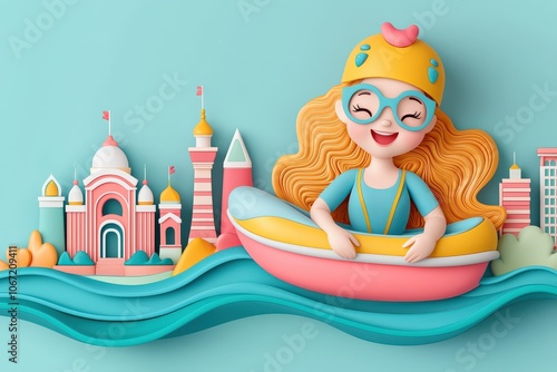 Cheerful girl enjoys fun adventure in colorful paper-craft city while kayaking on calm water photo