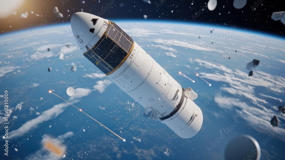Obraz premium Rocket in Low Earth Orbit Navigating Space Debris