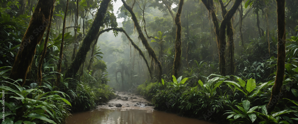 August paints Southeast Asia's deep tropical jungles in vibrant hues. Monsoon rains nourish the lush landscape, transforming it into a verdant paradise. Towering trees, exotic flora. August paints Southeast Asia's deep tropical jungles in vibrant hues. Monsoon rains nourish the lush landscape, transforming it into a verdant paradise. Towering trees, exotic flora.