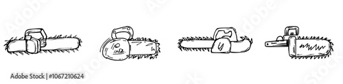 Isolated on white background, pruning saw in doodle style. Modern outline stock image. Sign tool for gardening. Tree pruning coloring page.