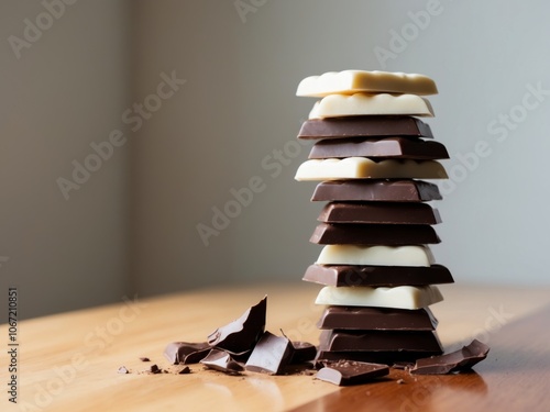 Delicious chocolate bars stacked on a wooden surface with shards. photo