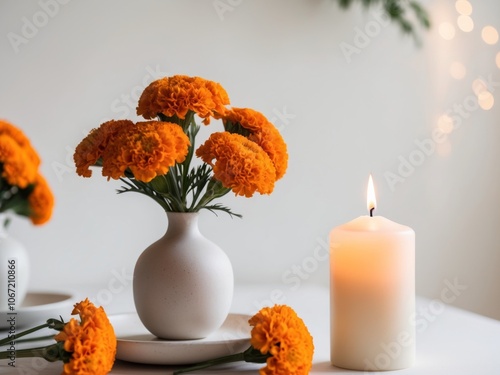 Memorial altar with marigold flowers and candle for Day of the Dead. photo