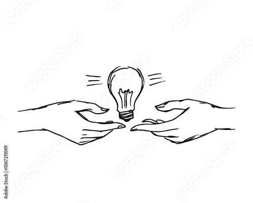 Drawing a hand giving lightbulb to a colleague. Advice provided for the benefit of the firm. Good partner. Brainstorming. Single line design modern illustration.