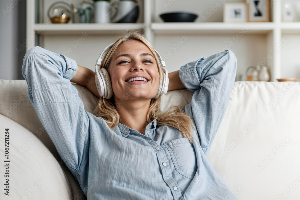 Portrait of happy beautiful young woman is sitting on a couch with her head on her hand and headphones on, she is smiling and she is enjoying her music at home Portrait of happy beautiful young woman is sitting on a couch with her head on her hand and headphones on, she is smiling and she is enjoying her music at home