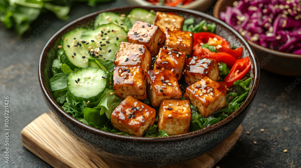 An Exquisite View of Marinated Tofu Decorated with Fresh Vegetables and Sauce An Exquisite View of Marinated Tofu Decorated with Fresh Vegetables and Sauce