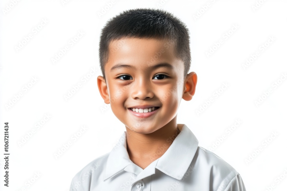Cute Smiling Asian Boy in White Shirt and School Uniform, Upper Body Portrait on White Background Cute Smiling Asian Boy in White Shirt and School Uniform, Upper Body Portrait on White Background