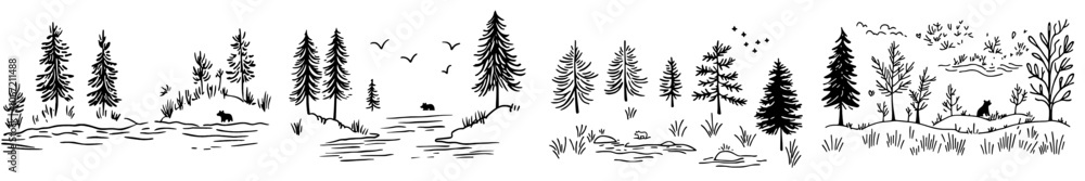 Naklejka premium The forest in one line. A graphic illustration of a forest with its many trees.
