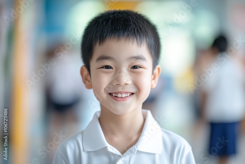 Cute Smiling Young Asian Boy Wearing White Shirt in School