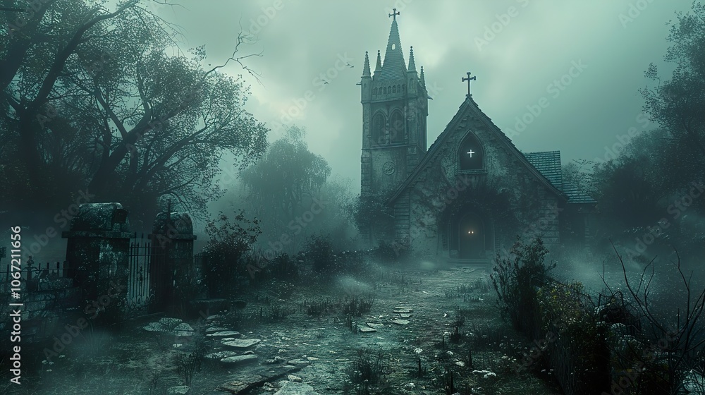 Mysterious Stone Church in Fog: A Gothic Architectural Masterpiece Mysterious Stone Church in Fog: A Gothic Architectural Masterpiece