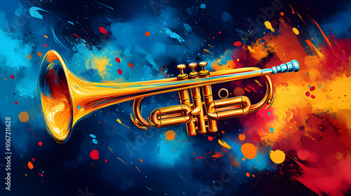 A Detailed Abstract Illustration Featuring a Trumpet Player and the Essence of Music in Vibrant Street Art Style with Bold Colors and Shapes photo