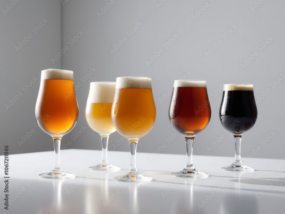 Five distinct glasses of beer showcasing various styles and colors. Five distinct glasses of beer showcasing various styles and colors.