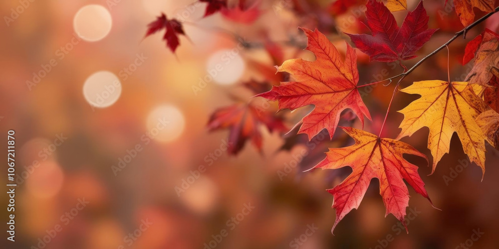 Colorful autumn leaves with blurred background create warm atmosphere Colorful autumn leaves with blurred background create warm atmosphere
