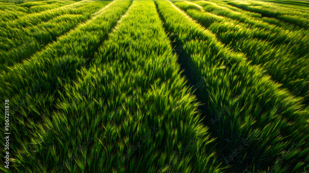 Fototapeta premium Lush green barley field at sunrise capturing nature's tranquility. Long grass landscape