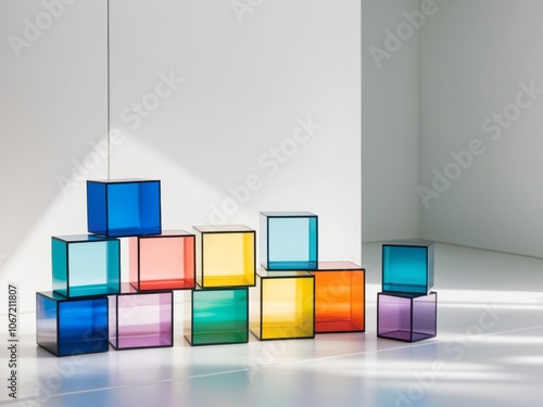 Colorful translucent cubes stacked together in a modern design. photo