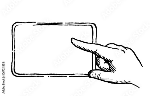 Using an application on a smartphone. Finger pointing to empty screen of phone mockup. Colored icon isolated on transparent background. Hand holding mobile phone.